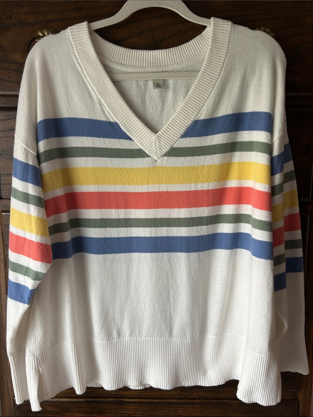 L.L. Bean Cream V-Neck Sweater with Blue, Yellow, Coral & Olive Stripes, Size XL